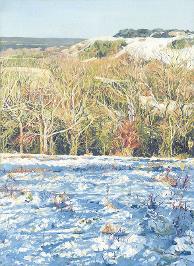 Painting of a snowy scene, standing on Devils Dyke, South Downs National Park, looking towards Newtimber Hill.